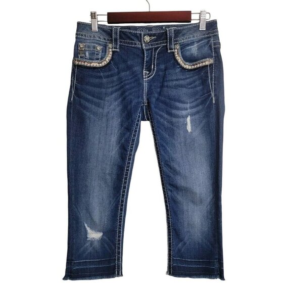 Miss Me Jeans Women 26 Blue RISE TO THE OCCASION Signature CAPRI Raw Hem JP7675P - Picture 1 of 9